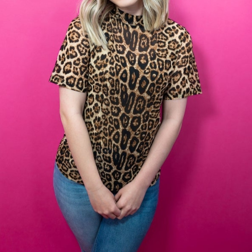 Leopard Print Stay Wild Mesh Short Sleeve Top - Brown/Black - Picture 1 of 5